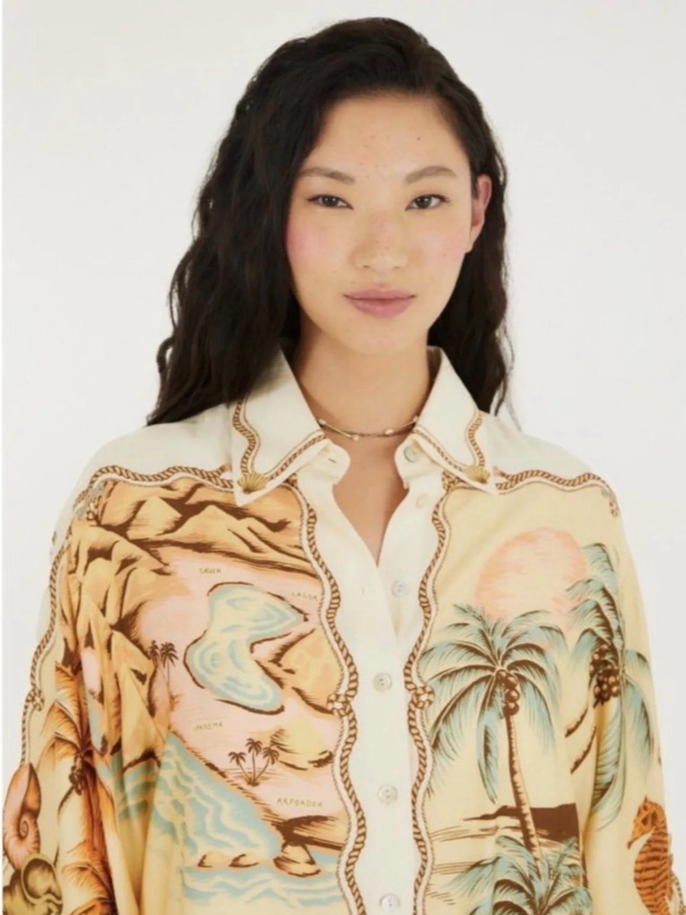 New With Tags Farm Rio "Rio Map" Button Up Shirt, Size Small (Oversized) - Picture 3 of 6